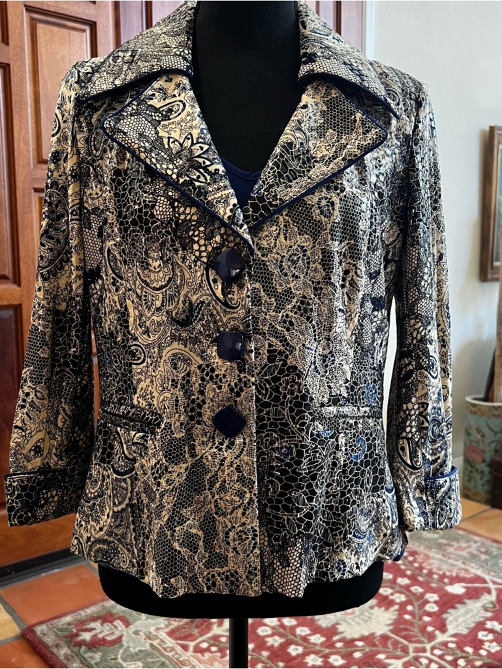 Clara Sun Woo Animal Print Sequin Blazer Jacket 2 Piece Set Blue Button Size M